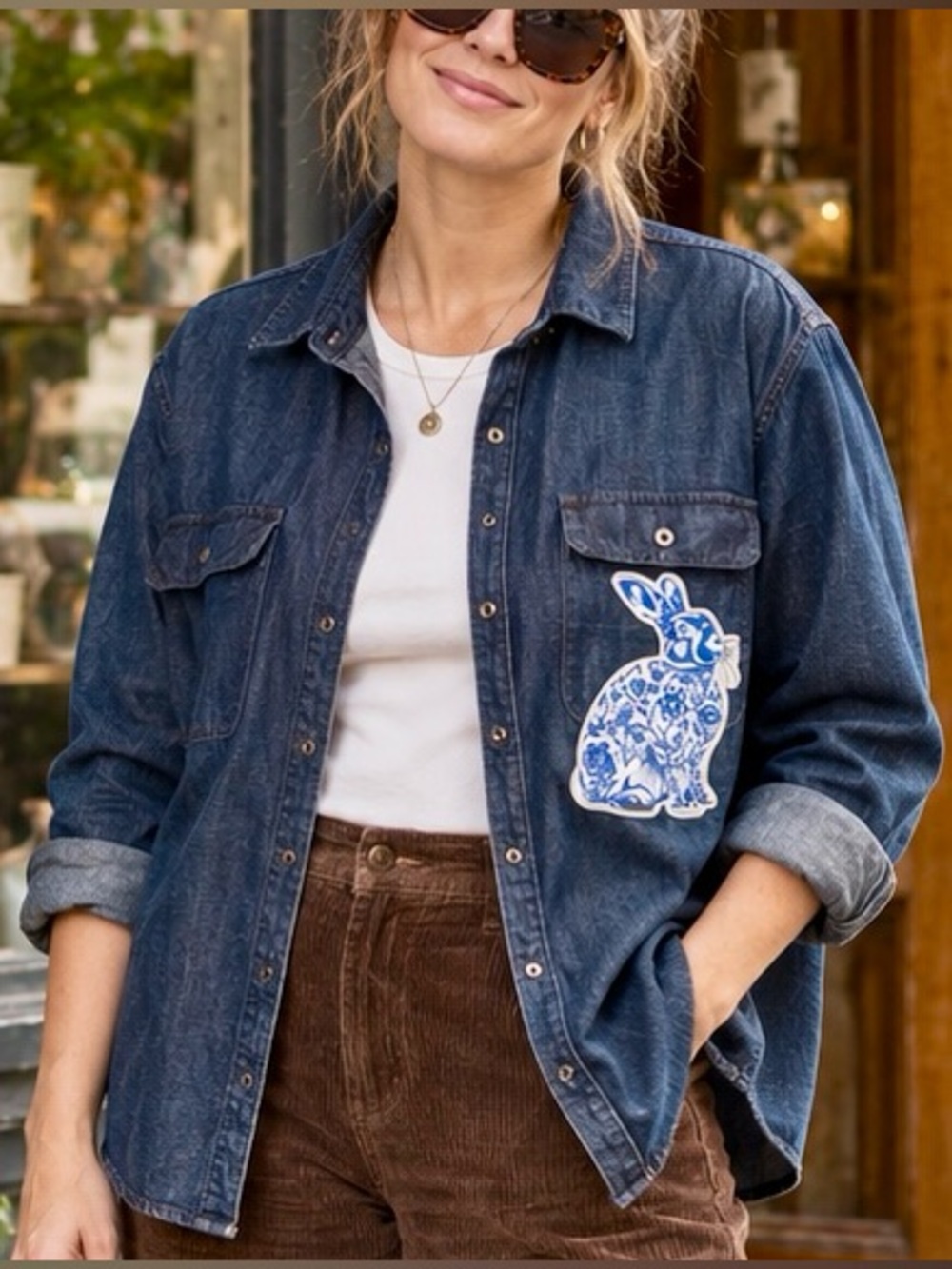 Old Navy Dark Denim Shirt | Snap Buttons| Floral Rabbit Patch | Size XXL